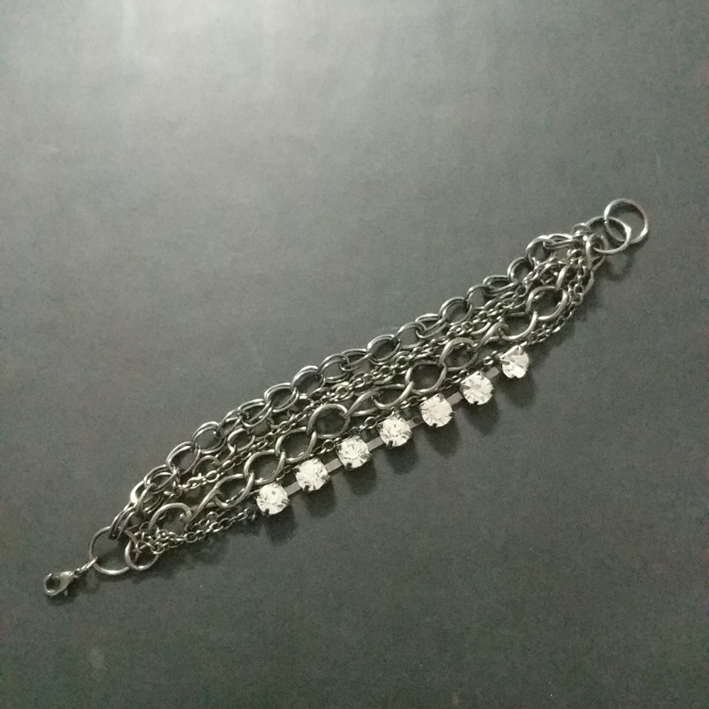 Gunmetal Black Chain and Rhinestone Multi Strand Statement Bracelet